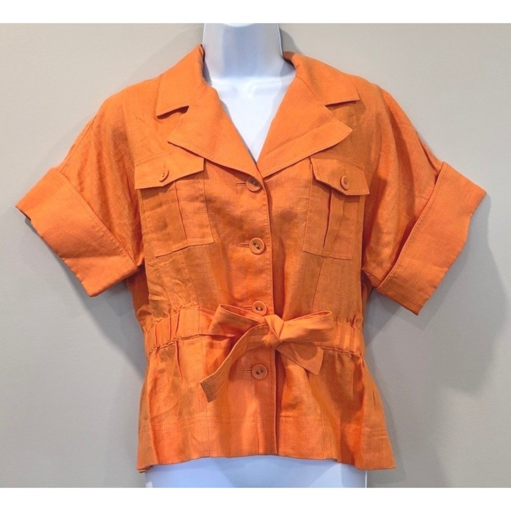 Ellen Tracy Sunset Orange Linen Belted Safari Jacket Sz 10P Top Euro Summer NEW